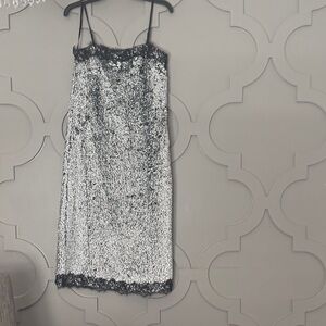 Gianni Bini Silver Sequin Slip Dress with Black Lace Trim